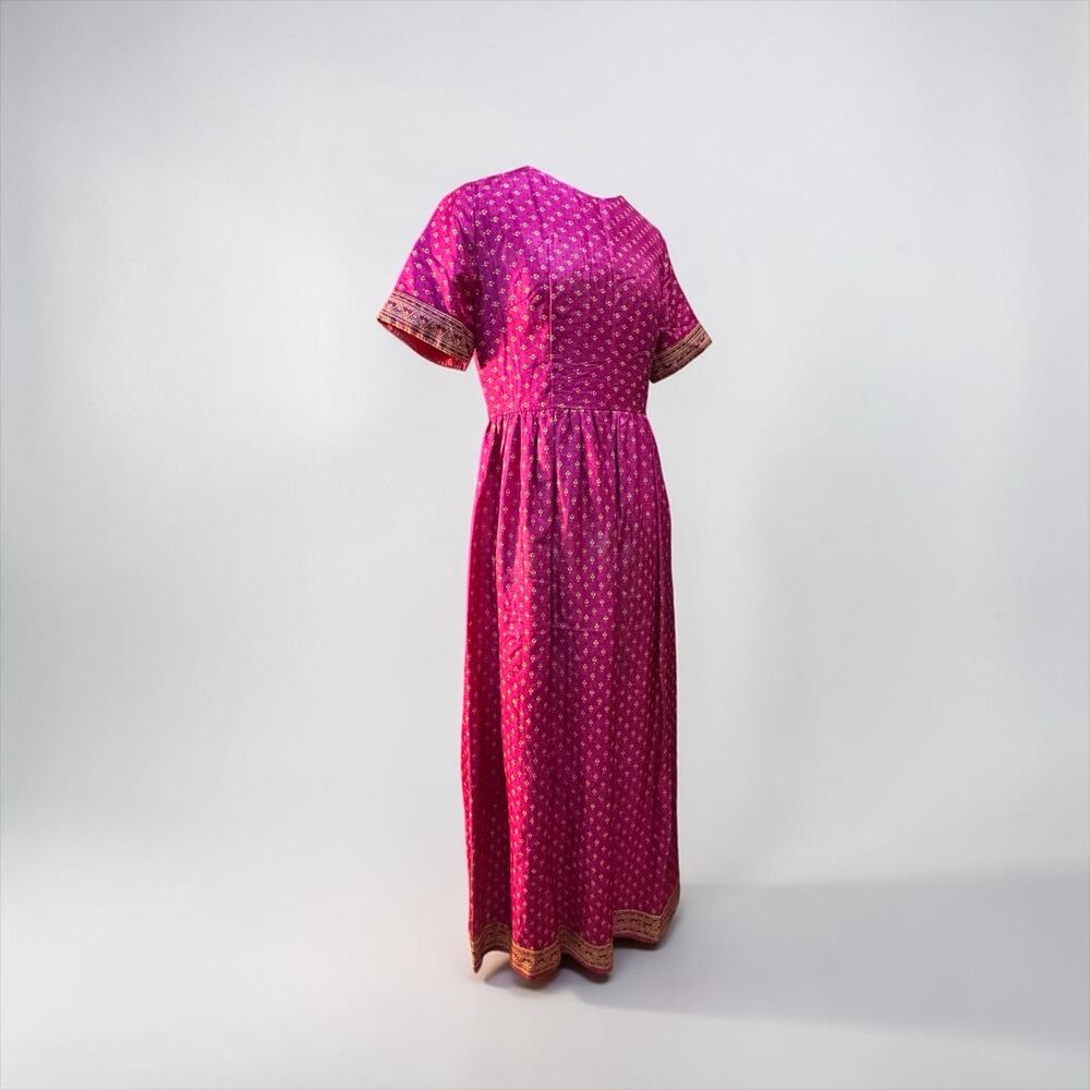 Hot Pink Indian Block Print Maxi Dress 70s Boho Cotton Empire Waist Handmade